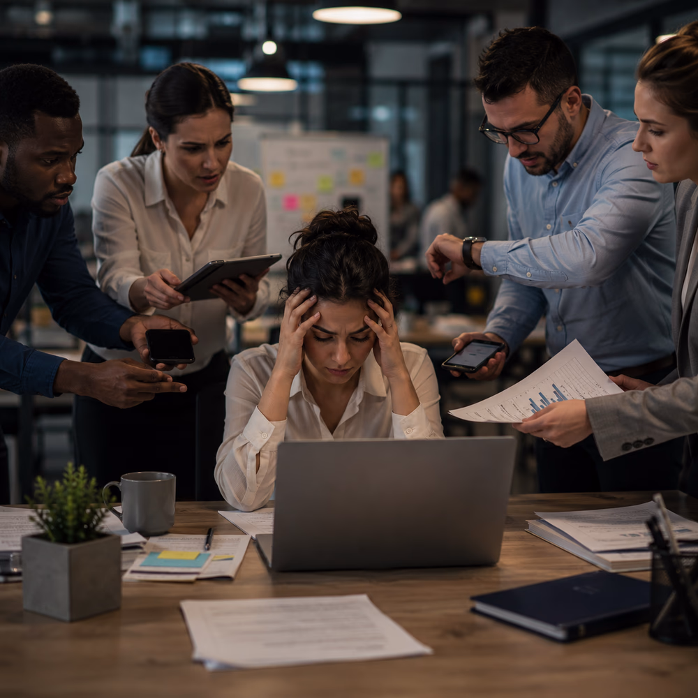 Overwhelmed employee faces constant interruptions and competing demands, highlighting burnout as a workplace design issue.