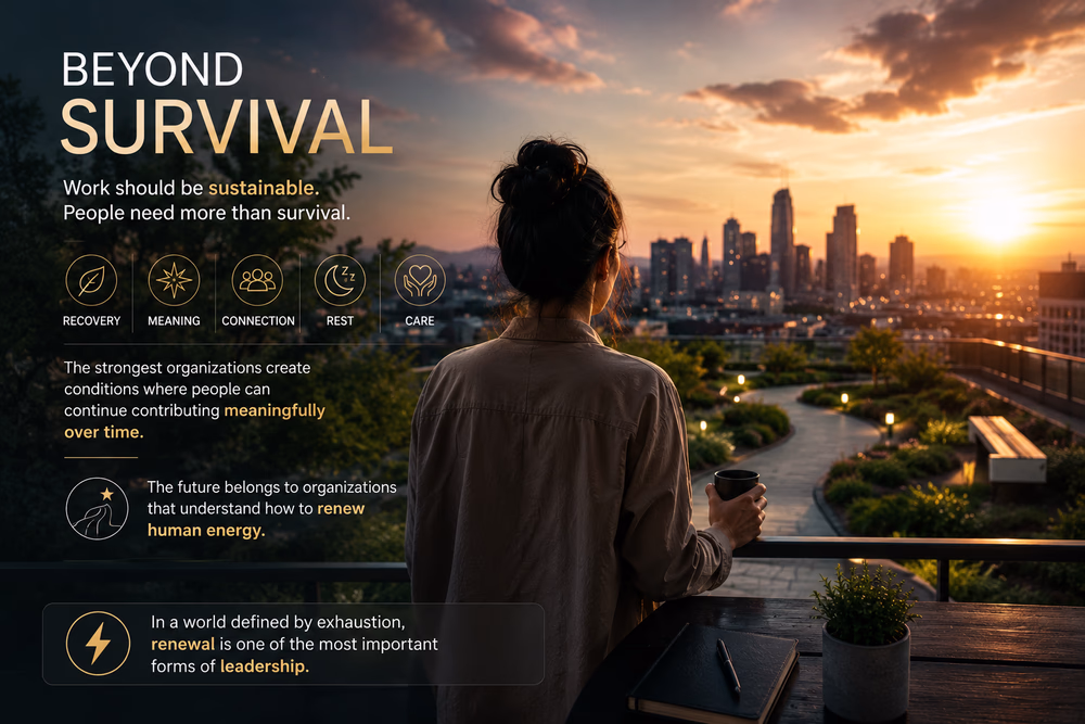 Professional reflects at sunset, symbolizing sustainable work, renewal, wellbeing, and energy-centered leadership.