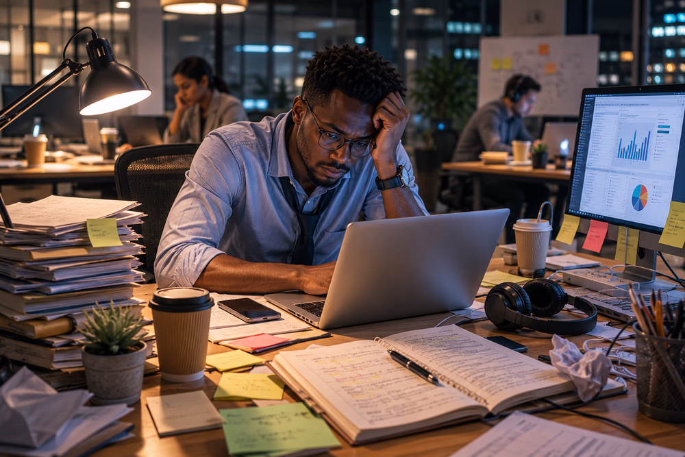 Fatigued knowledge worker pushes through late-night deadlines, illustrating the hidden costs of endurance-driven work.