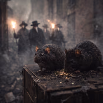 Two rats perched on a worn wooden crate in a foggy urban alley, crumbs scattered beneath them