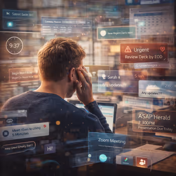 Man overwhelmed by floating notifications and digital demands, representing cognitive overload caused by constant interruption.