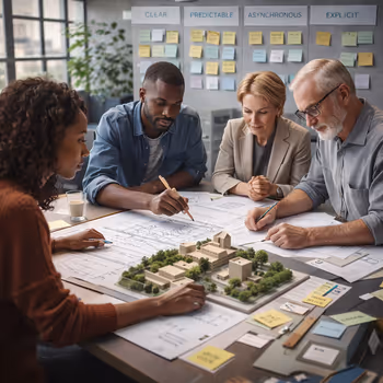 Team collaboratively designing structured systems, illustrating a shift from individual accommodation to inclusive architecture.