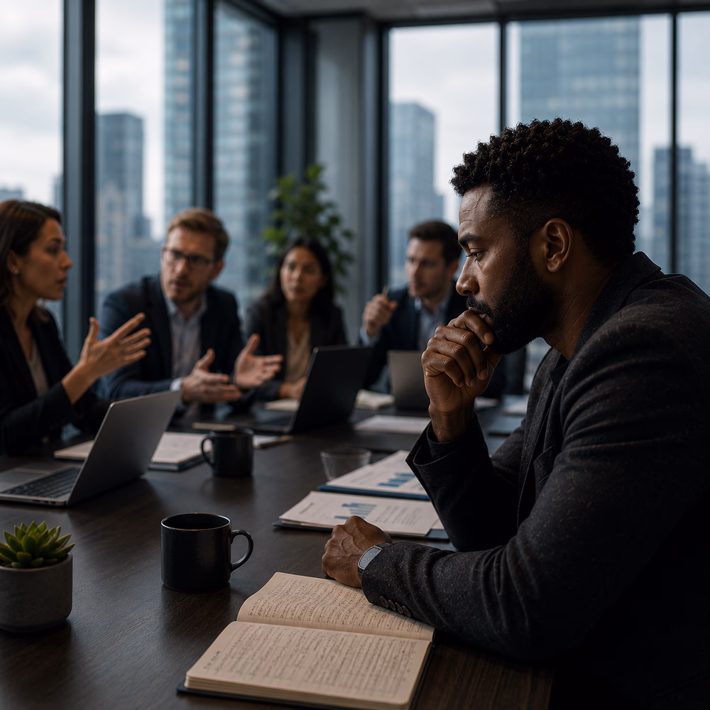 Thoughtful Black professional reflects quietly during a fast-paced meeting, contrasting depth with workplace urgency.