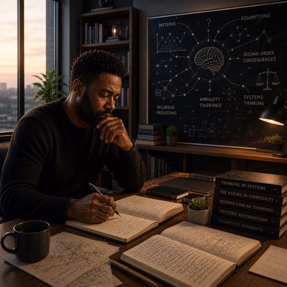 Black thinker studies complex systems and patterns in a quiet office, reflecting on depth, ambiguity, and cognition.