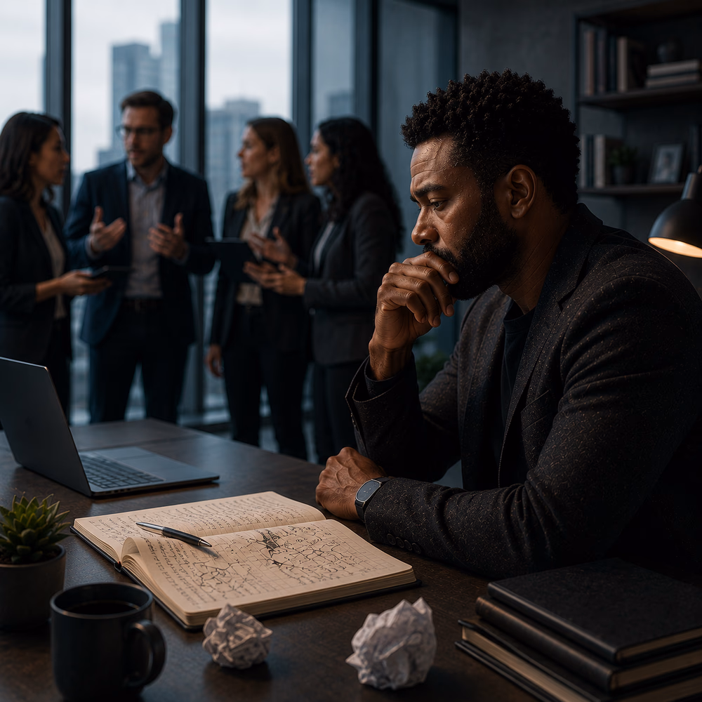Thoughtful Black professional sits quietly in a busy office, reflecting on workplace pressure and cognitive fatigue.