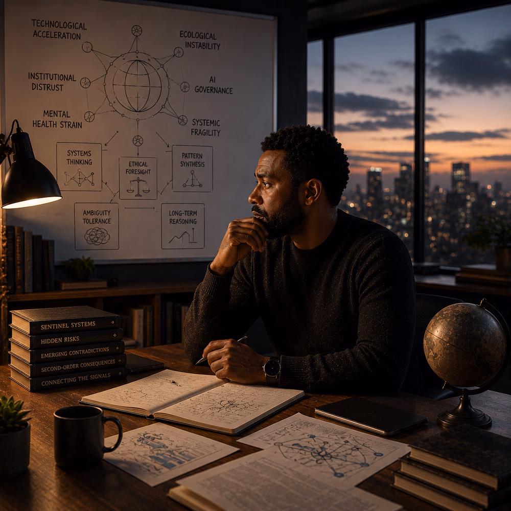 Thoughtful Black strategist reflects on complex global systems, exploring foresight, fragility, and long-term reasoning.