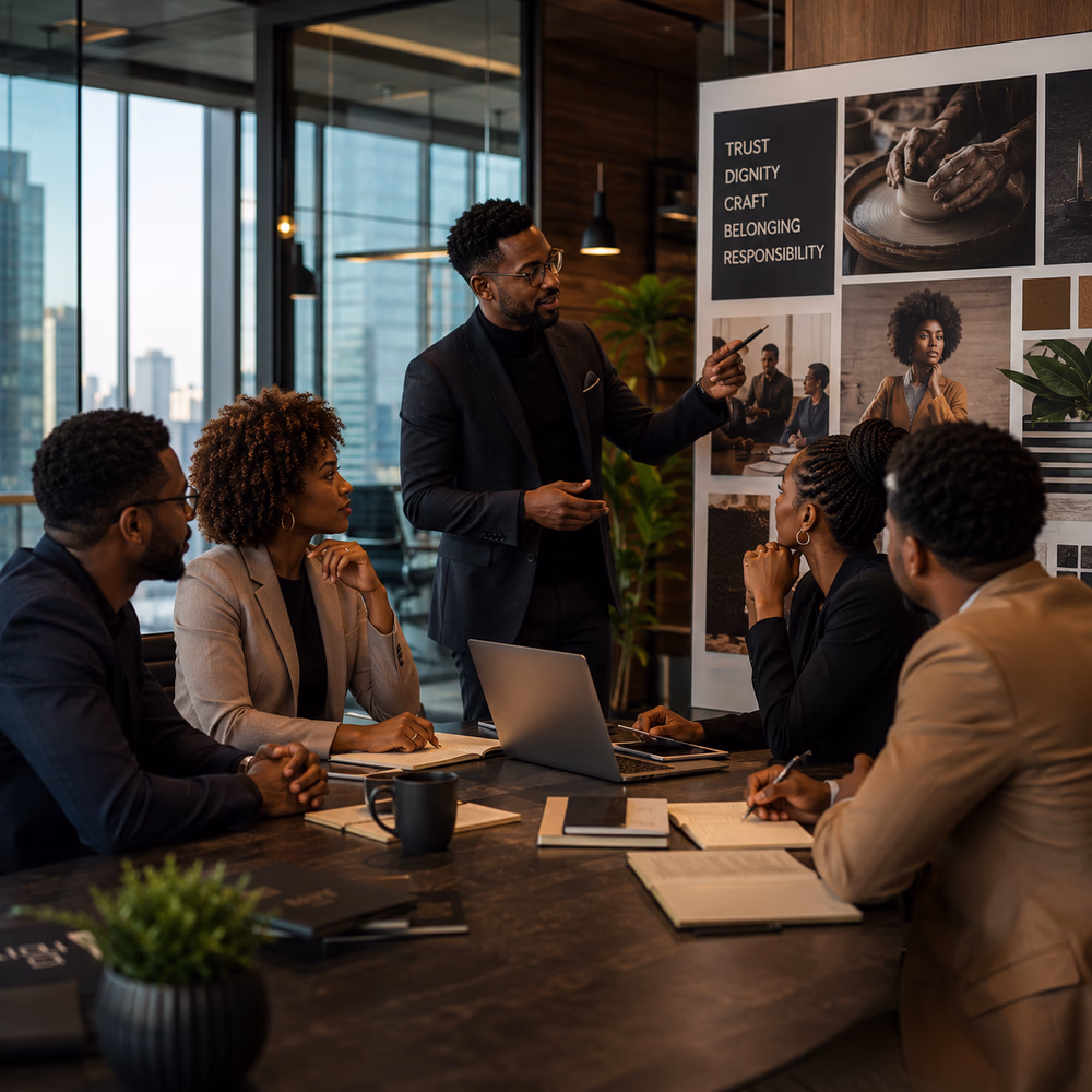 Black executives define shared values in a strategy session, portraying brands as institutions built on trust and purpose.