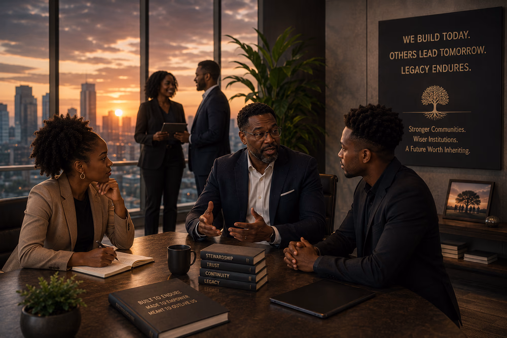 Black leaders mentor emerging executives, symbolizing stewardship, succession, and institutions built to endure.