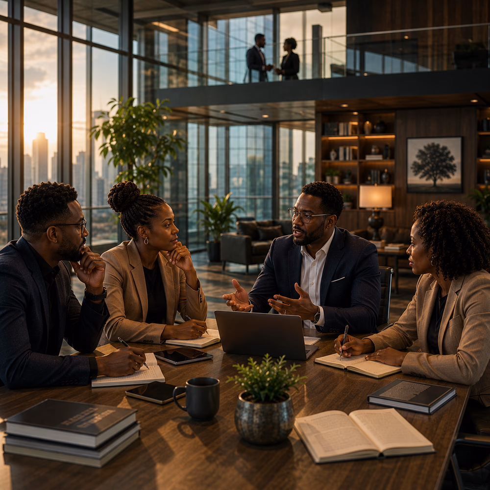 Black executives collaborate in a modern office, symbolizing legacy through mentorship, stewardship, and continuity.