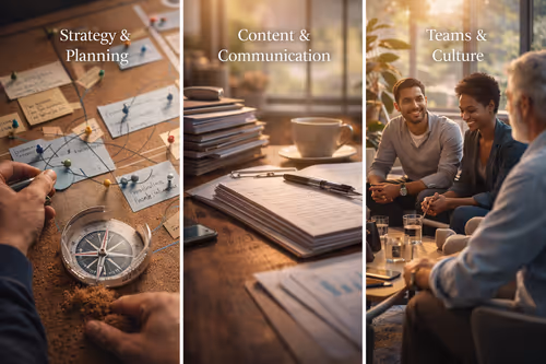 Planning, content creation, and team collaboration representing regenerative strategy in action.