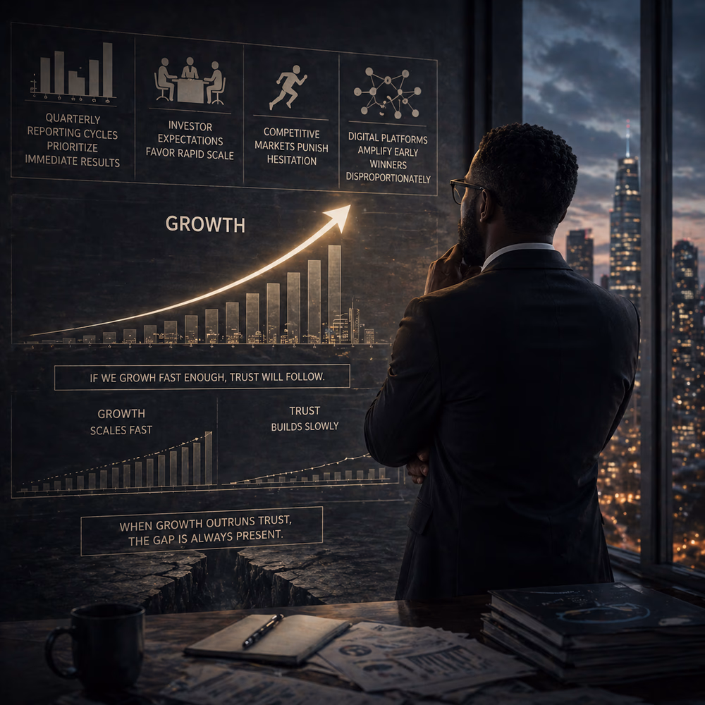 Black executive studies growth charts on glass wall overlooking city, reflecting on rapid scale versus slow-building trust gap.
