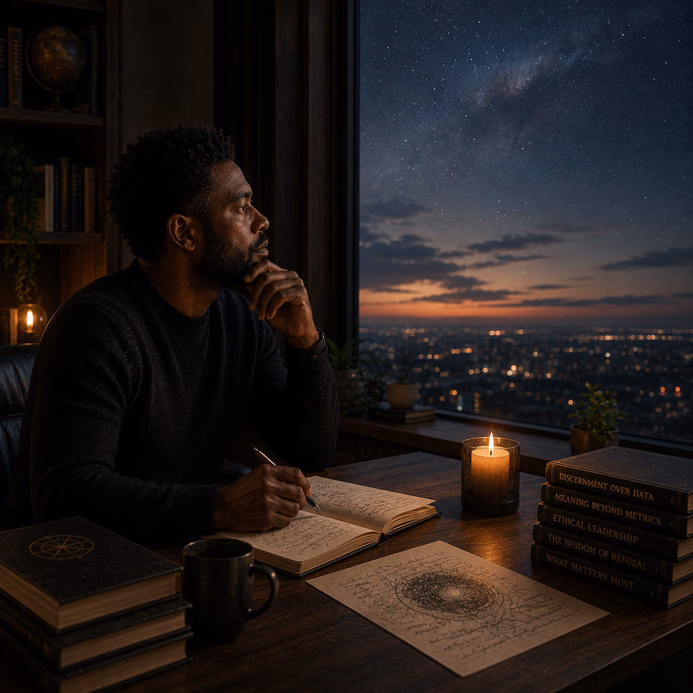 Black strategist reflects by candlelight over a city skyline, contemplating ethics, restraint, and meaning beyond metrics.