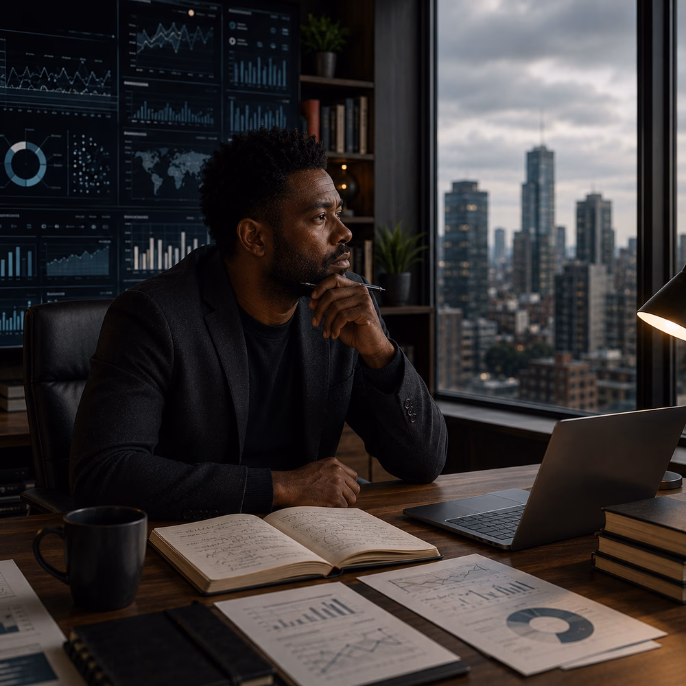 Black strategist reflects in a data-driven office, examining the tension between measurable metrics and meaning.