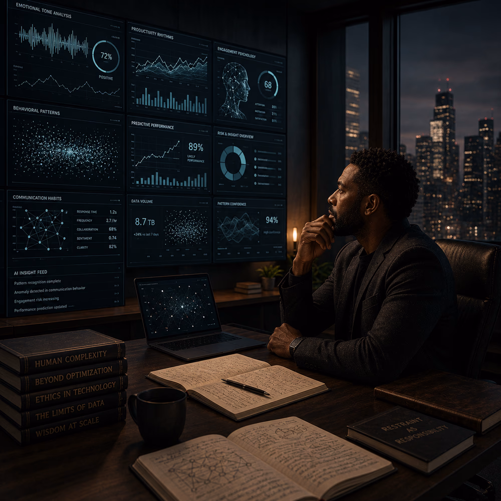 Black strategist studies AI-driven behavior analytics at night, reflecting on ethics, surveillance, and human complexity.