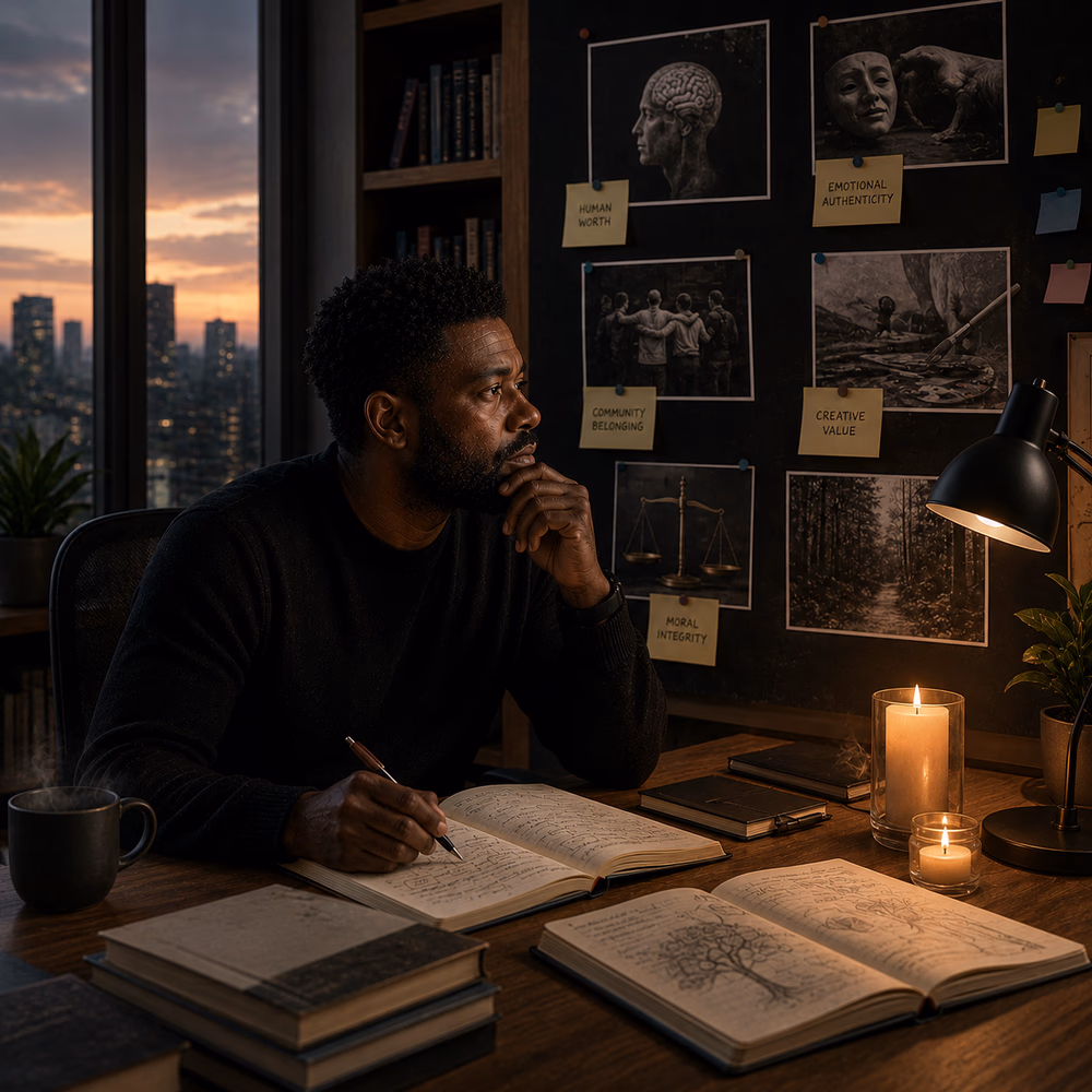 Black strategist reflects by candlelight on ethics, creativity, belonging, and values beyond measurable metrics.