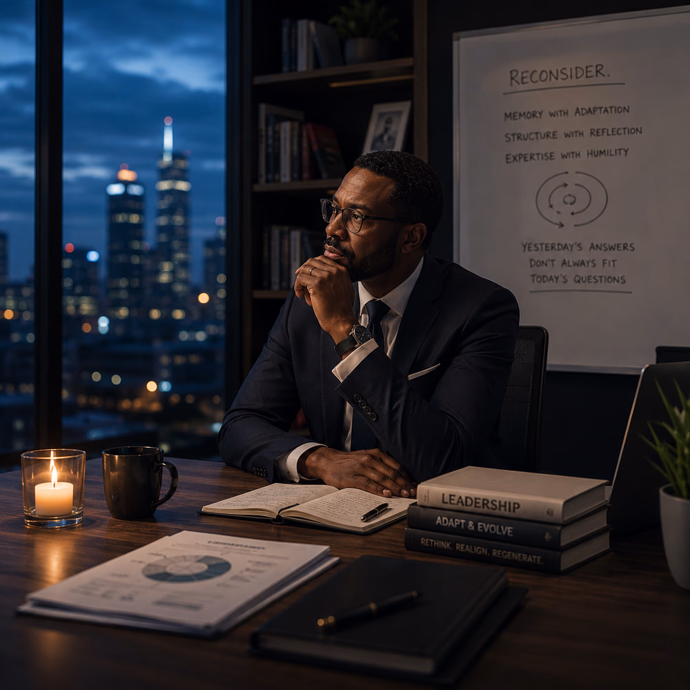 Thoughtful Black executive reflects at dusk, balancing experience, humility, and adaptation in a rapidly changing world.