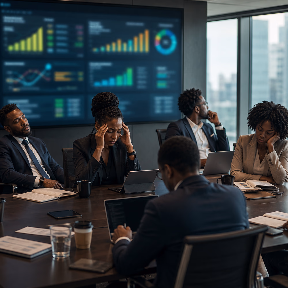 Black executives review strong business results while subtle signs of fatigue reveal the hidden human cost of efficiency.