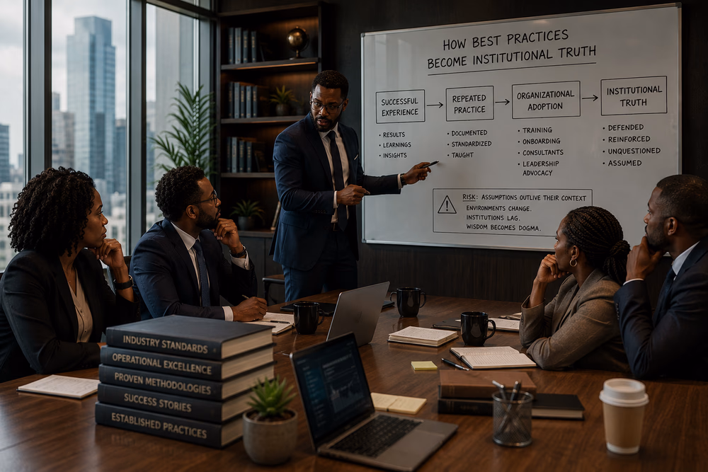 Black executives review established business frameworks, reflecting on how proven practices can become unquestioned assumptions.