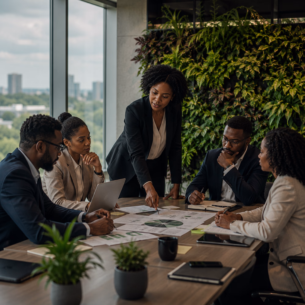 Black executives collaborate in a nature-inspired boardroom, discussing adaptive strategy, resilience, and continuous learning.