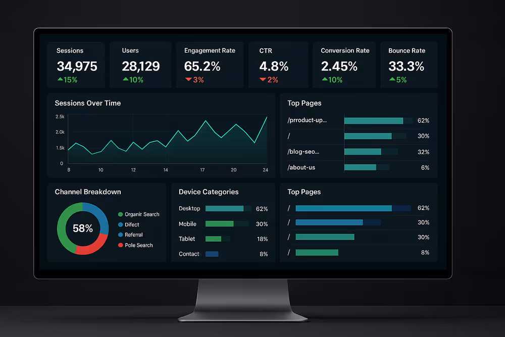 Digital marketing specialist dashboard showing SEO copywriter services and analytics results.