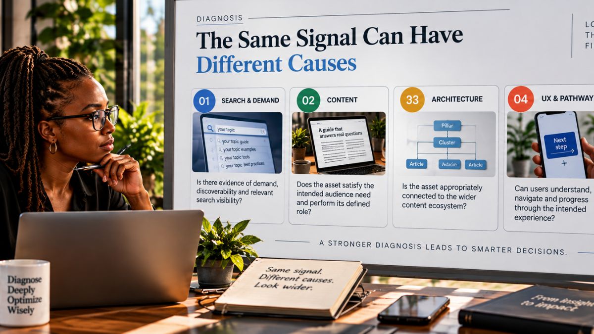 Professional examining five diagnostic dimensions for content performance: search and demand, content, architecture, UX and pathway, and commercial alignment.