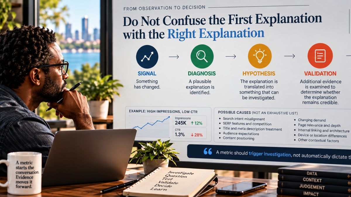 Professional reviewing a decision framework showing signal, diagnosis, hypothesis, validation, and intervention, emphasizing evidence over first assumptions.