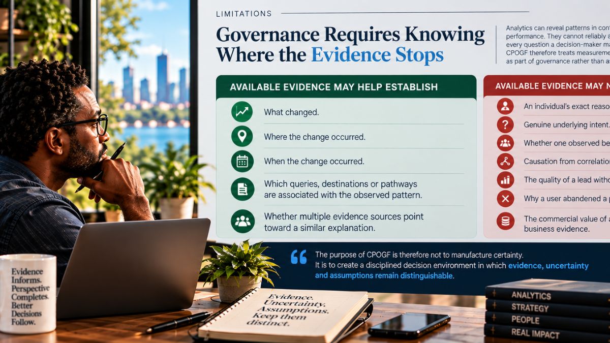 Professional examining an analytics limitations framework contrasting what evidence can establish with what it cannot reliably establish about content performance.