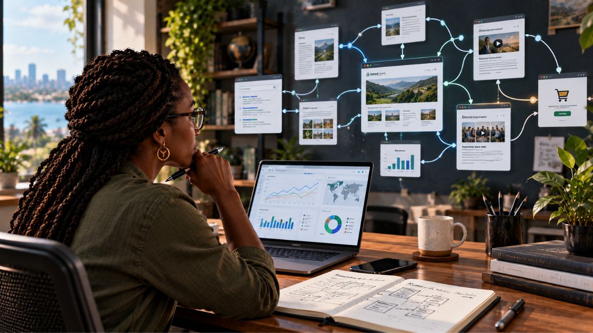 Content strategist analyzing interconnected pages, search pathways, user journeys and performance data to build a measurable digital content ecosystem.