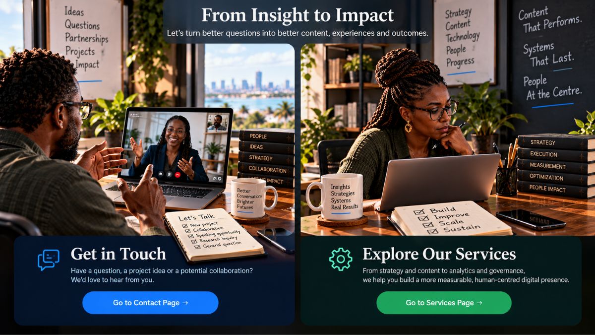 Split-screen consultancy scene showing a professional conversation and strategic service planning, representing pathways from insight and collaboration to practical implementation and impact.