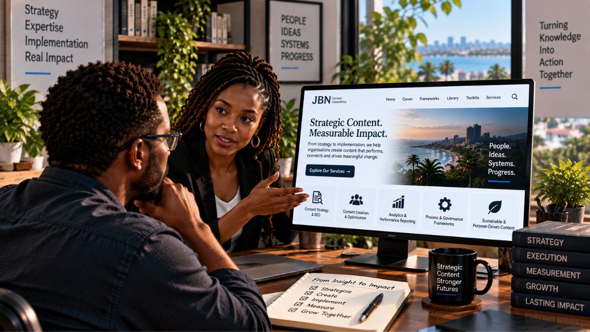 Two content professionals discussing JBN services beside a strategy display, connecting content expertise, implementation, measurement and governance to business outcomes.