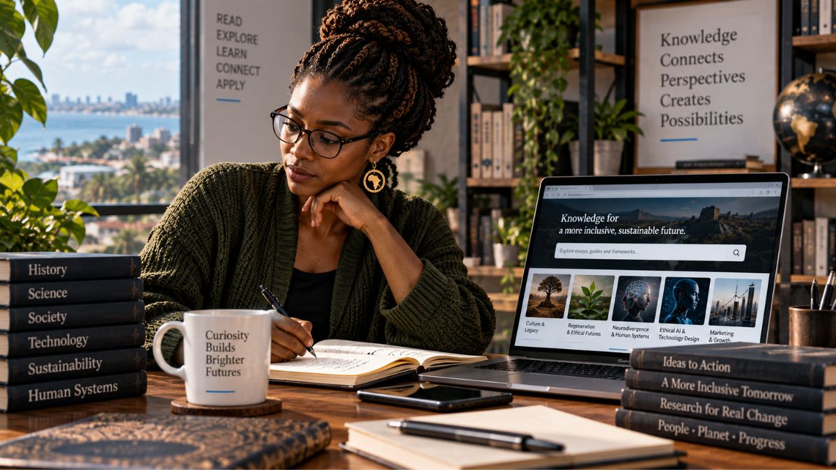 Researcher exploring the JBN Canon and Knowledge Library on a laptop, surrounded by books and notes representing ideas, history, research and deeper understanding.