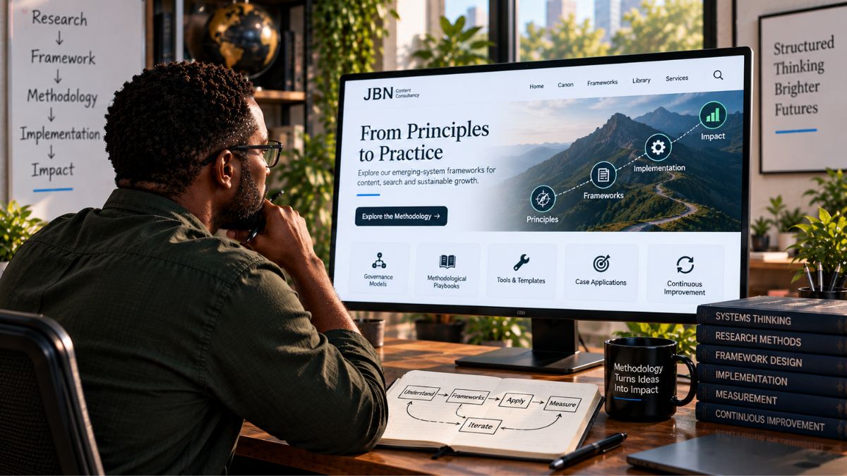 Content professional studying interconnected JBN frameworks on a large display, examining structured methodology, evidence and governance for digital content systems.