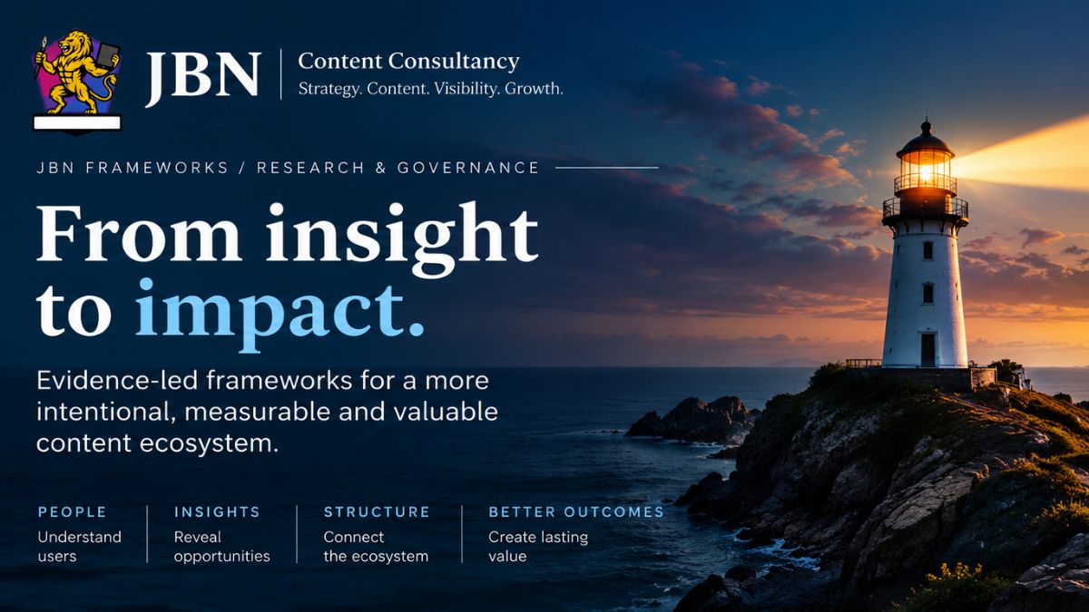 JBN Content Consultancy Frameworks: evidence-led content governance for clearer decisions, stronger content and measurable digital impact.