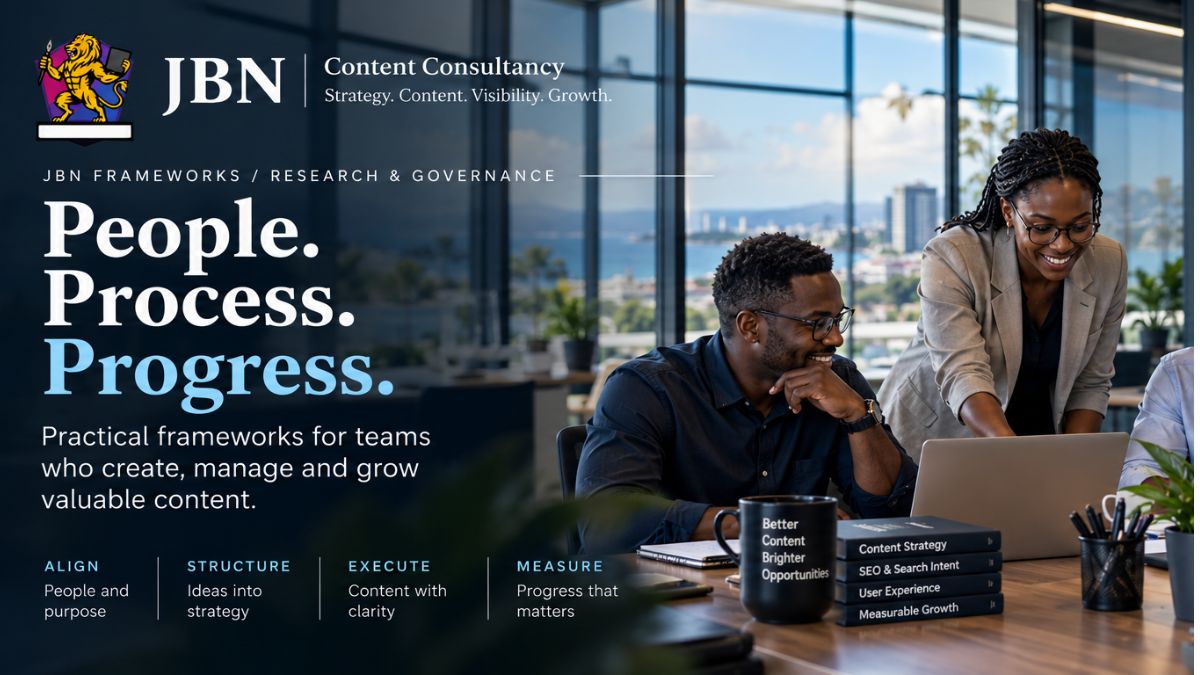 JBN Content Consultancy Frameworks: people-centered content strategy helping teams align purpose, structure ideas, execute clearly and measure meaningful progress.