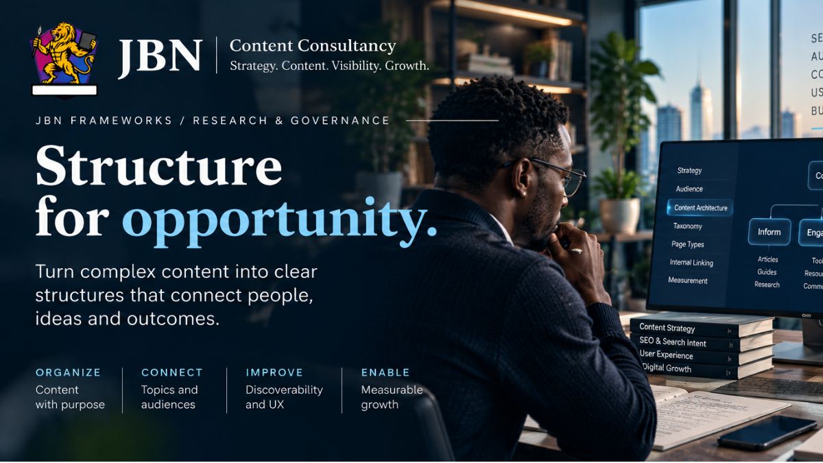 JBN Content Consultancy Frameworks: content architecture that connects search intent, audience needs, user experience and business outcomes.