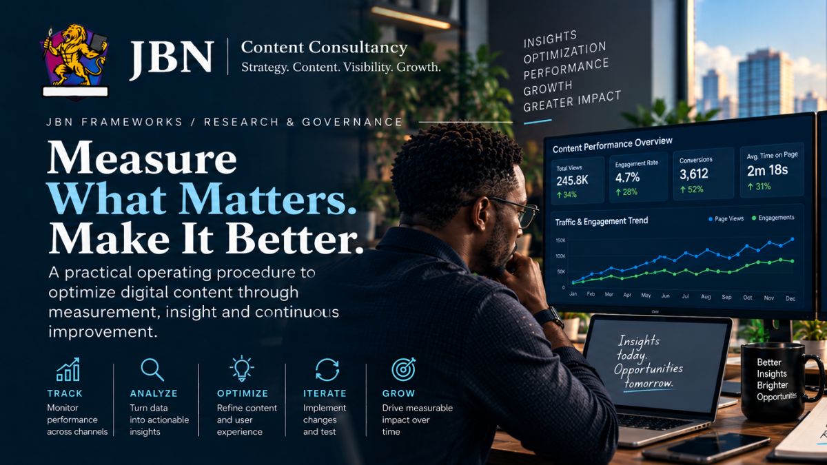JBN Content Consultancy Frameworks: a practical operating procedure for measuring, analyzing and continuously improving digital content performance and impact.