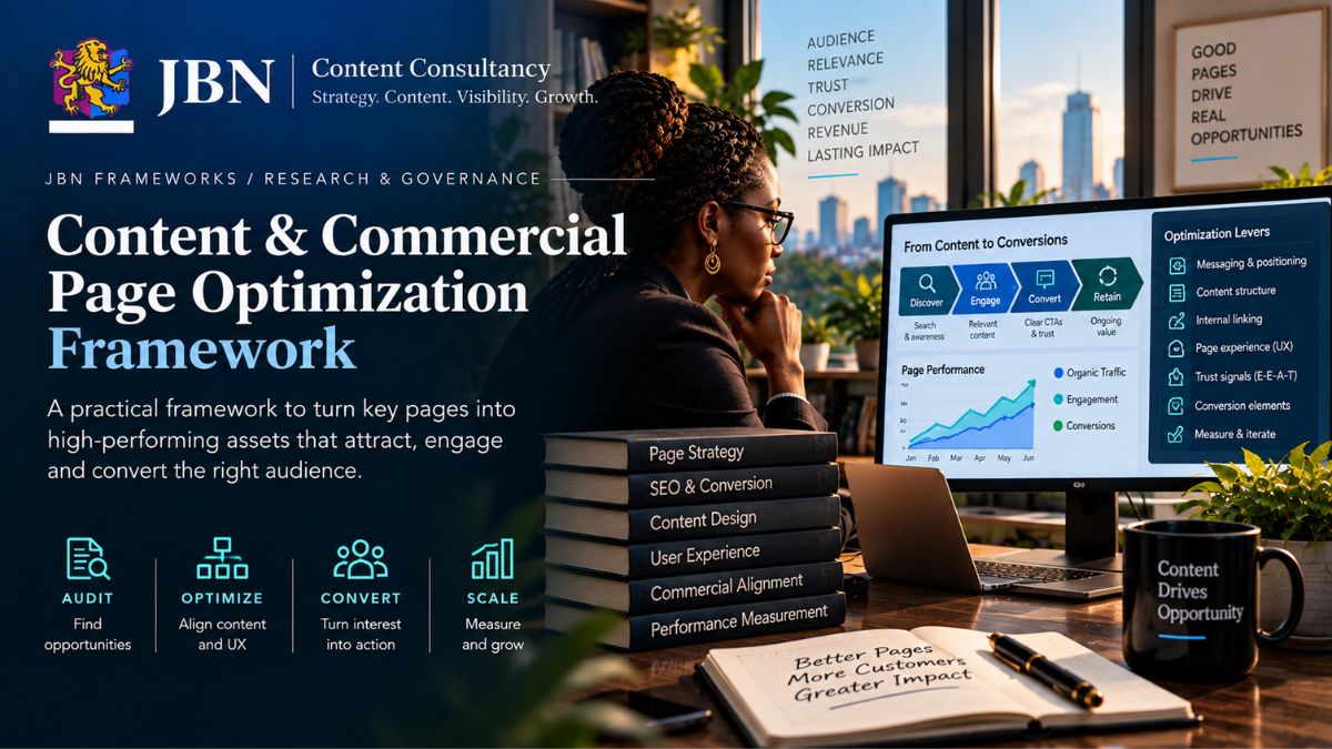 Content & Commercial Page Optimization Framework aligning content, UX, SEO and conversion elements to attract, engage and convert the right audience.