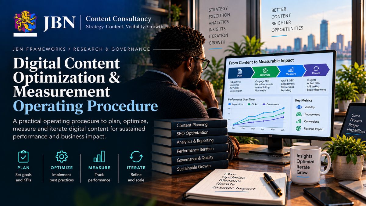 Digital Content Optimization & Measurement Operating Procedure guiding teams through planning, optimization, measurement and iteration for sustained content performance.