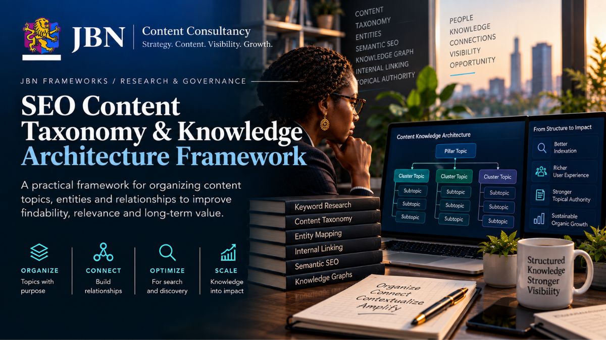 SEO Content Taxonomy & Knowledge Architecture Framework organizing topics, entities and relationships to improve content discoverability, relevance and long-term value.