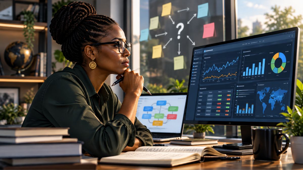 Black woman analyzing multiple content performance dashboards, charts and data signals while interpreting possible causes before deciding on an intervention.