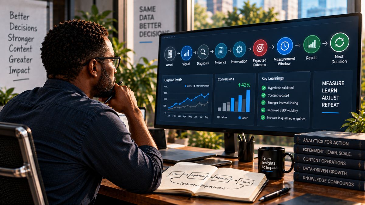 Black man reviews an optimization cycle linking signals, diagnosis, evidence, intervention, outcomes and measurement to inform the next content decision.