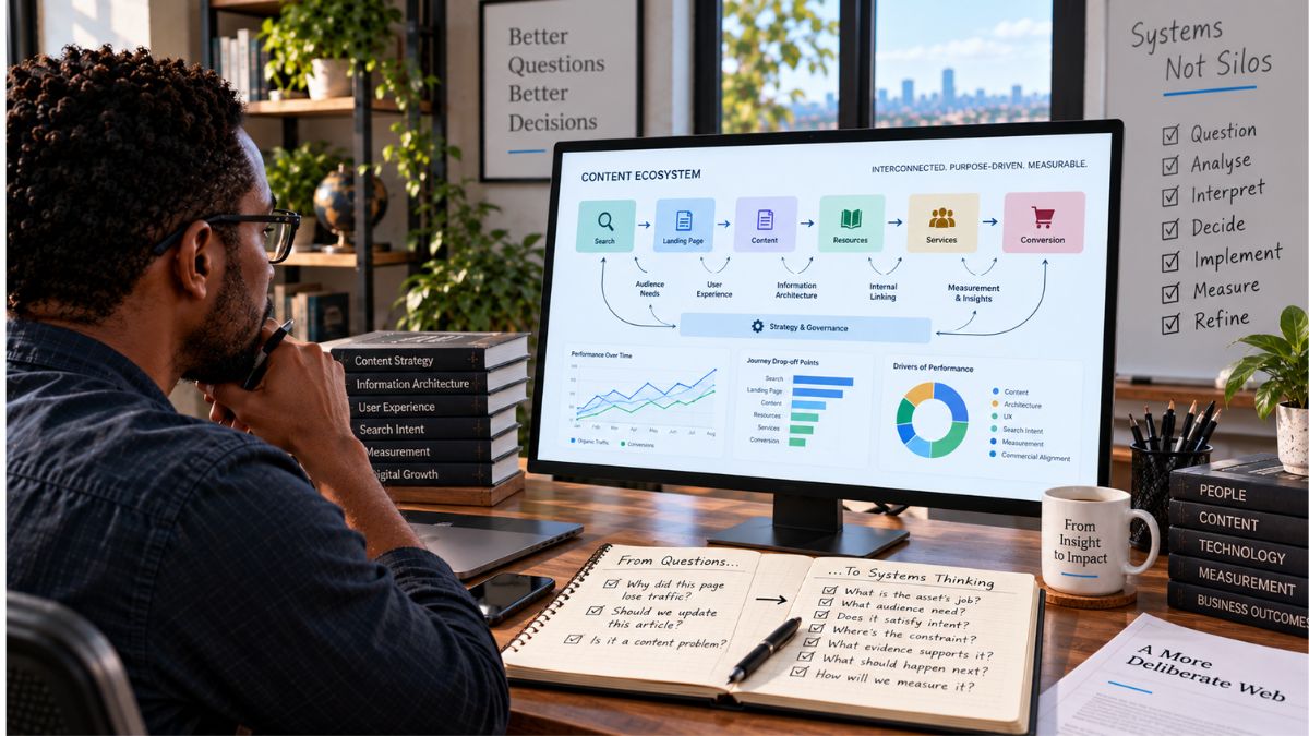 Content strategist examining interconnected content, audience needs, UX and performance signals to develop flexible governance decisions beyond SEO checklists.
