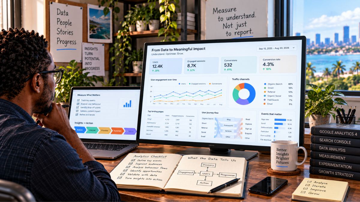 Content analyst examining performance dashboards and engagement trends while connecting discovery, user progression and meaningful actions to measurable outcomes.