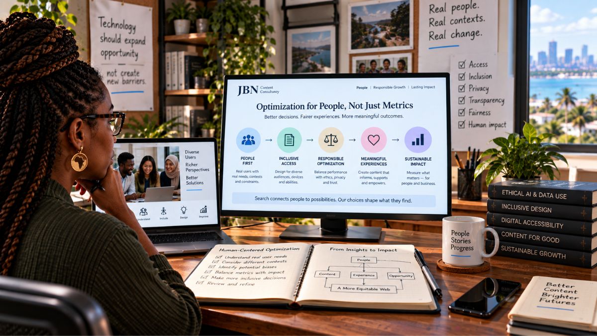 Content professional reviewing accessibility, inclusion, privacy and fairness alongside performance data, emphasizing human impact over metrics alone.