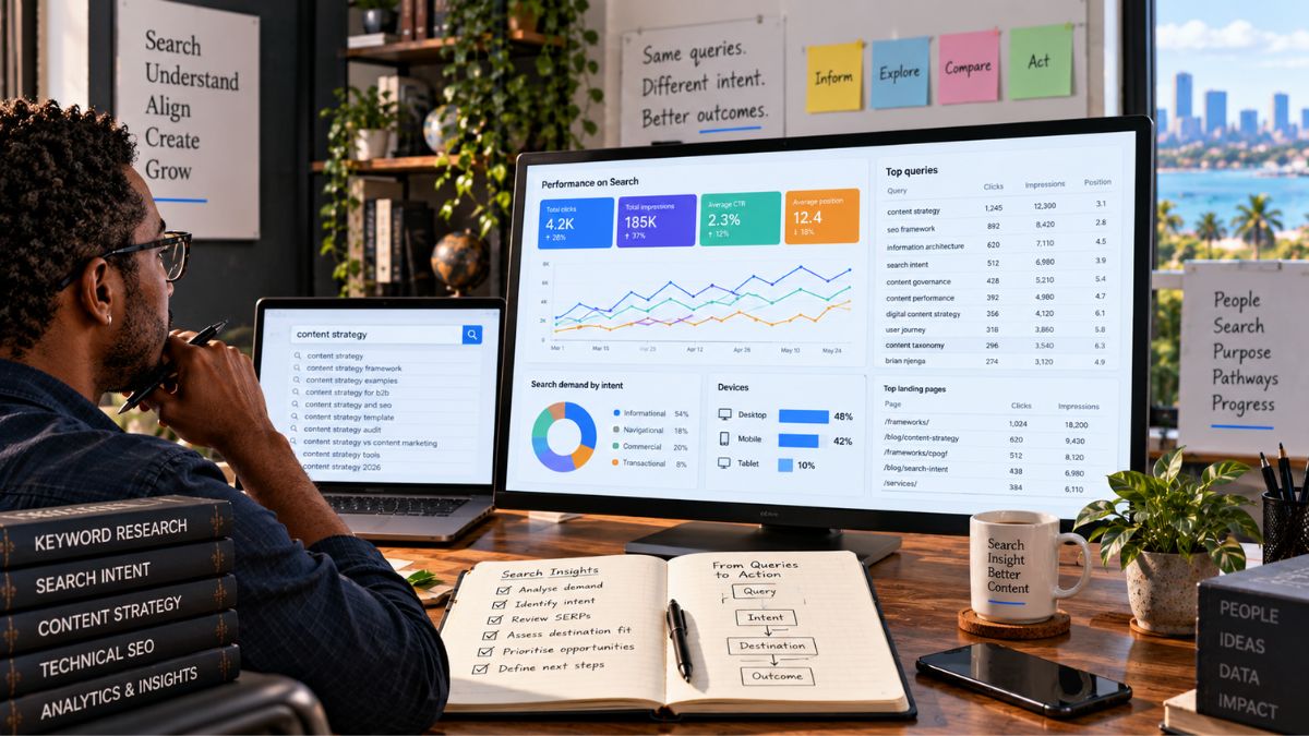 SEO professional interpreting search queries, visibility trends and user intent on analytics screens while assessing how search demand aligns with content destinations.