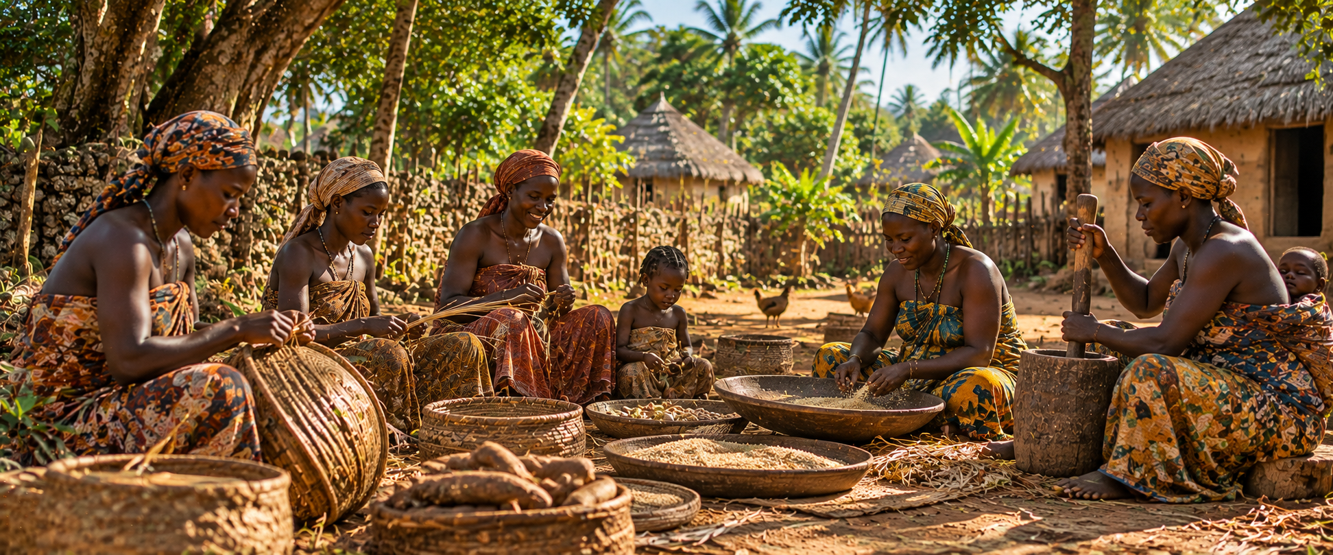 Artistic interpretation of women weaving baskets and preparing food together in a rural coastal village, with woven mats and baskets around them.