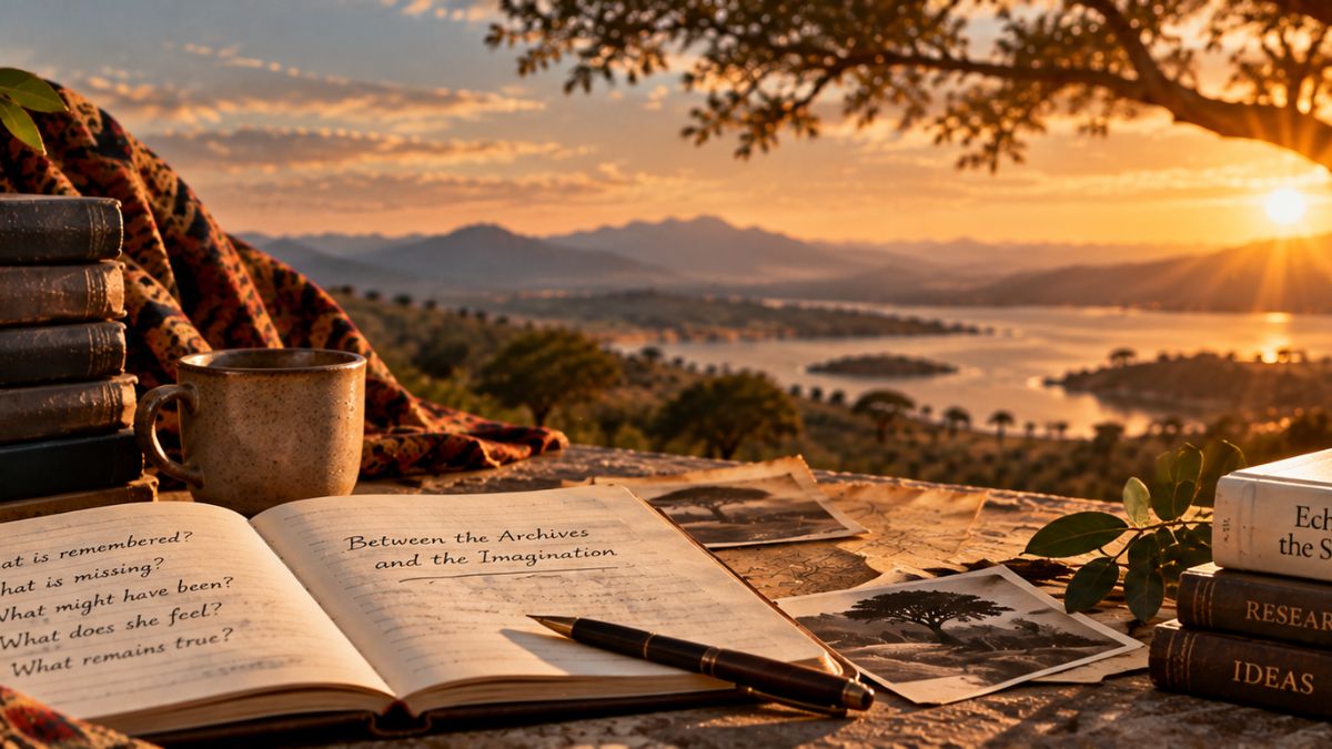 Creative writing workspace overlooking an African landscape, with journals, research notes and books evoking the space between history and imagination.