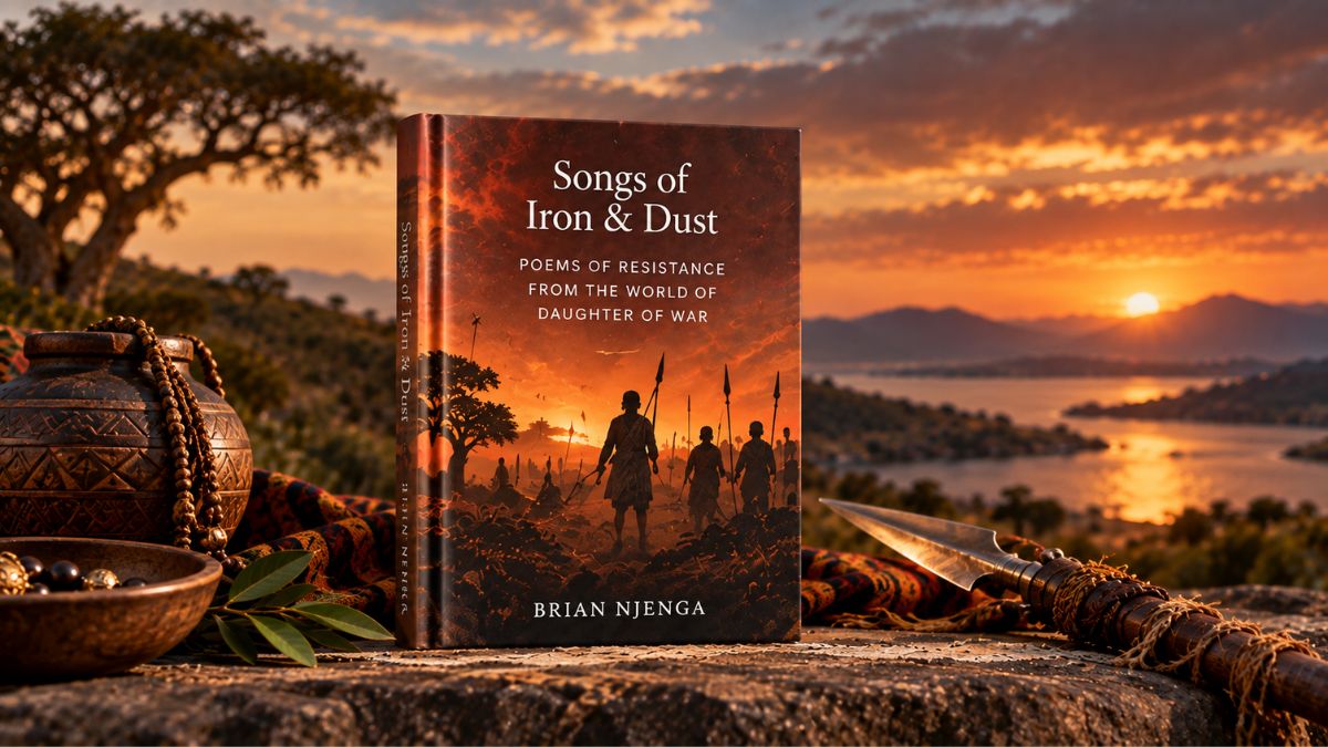 Songs of Iron & Dust poetry collection by Brian Njenga, featuring a resistance-themed cover amid an African landscape, spear and warm sunset light.