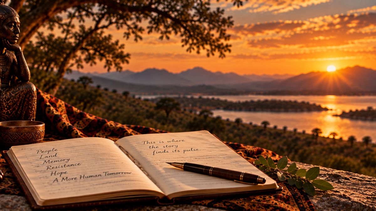 Poetic writing workspace overlooking an African landscape, symbolizing the history, memory, identity and emotional pulse behind the Mekatilili Universe.