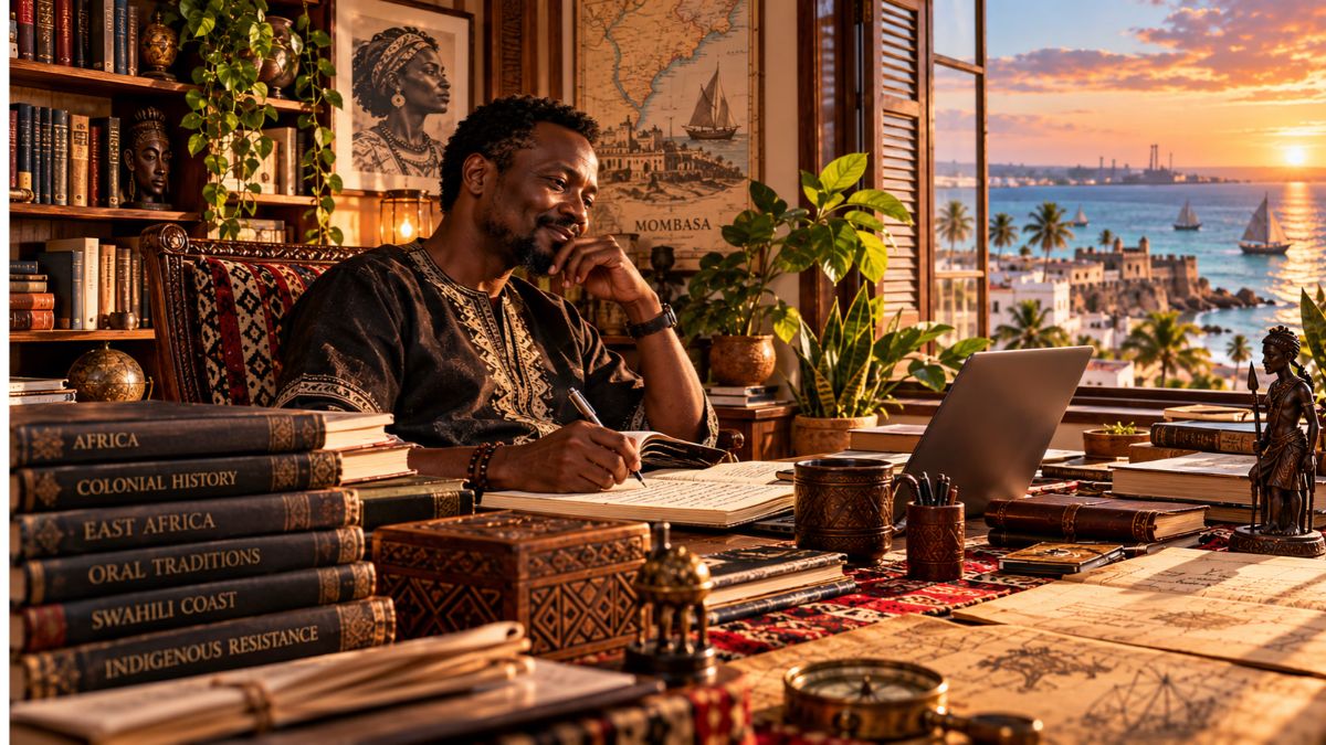 Black African writer drafts at a richly furnished coastal study surrounded by books, maps and plants, with Mombasa and the sea visible beyond the window.